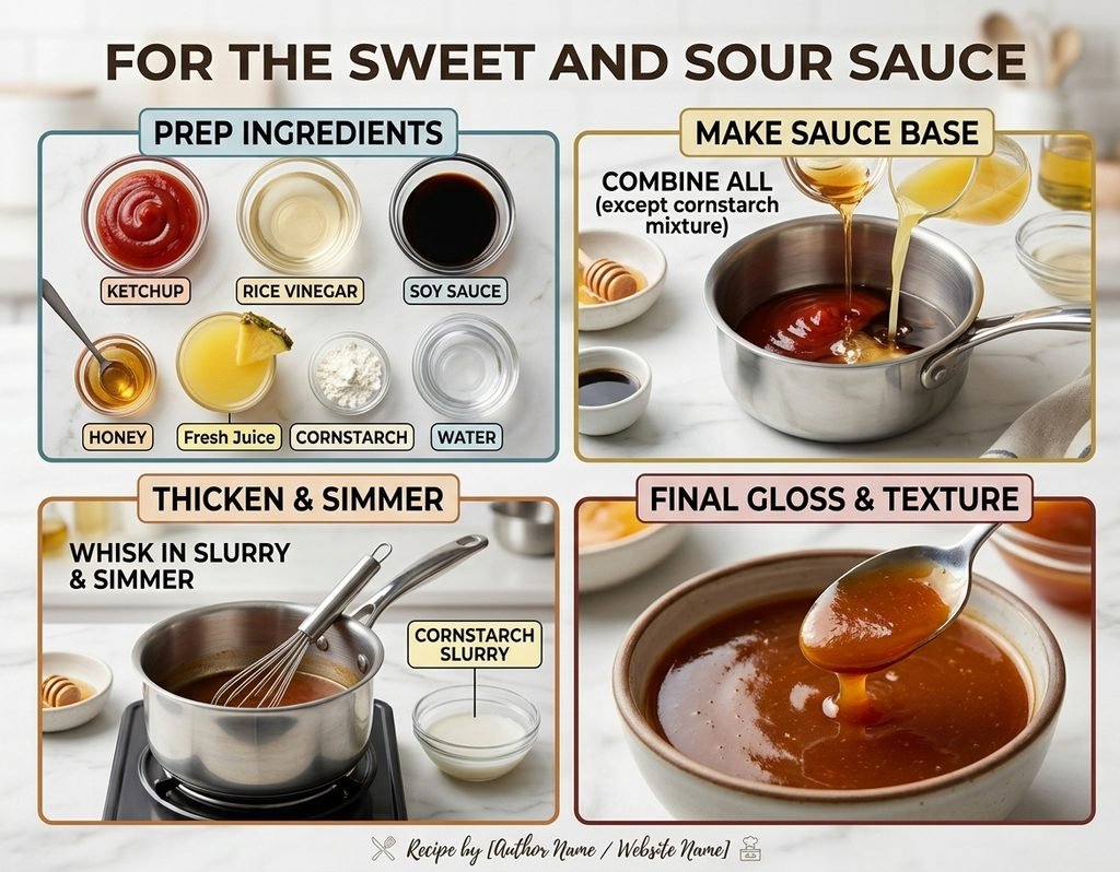 "Professional culinary guide infographic illustrating the step-by-step 'Sweet and Sour Chicken Recipe'. The image clearly shows the entire process from start to finish, including the mise en place of ingredients like chicken, bell peppers, pineapple, and homemade sauce; the dynamic action of stir-frying and mixing; the key thickening and simmering stages; and the final, appealing, glossy finished dish. The visual breakdown uses icons, sequential panels, and a polished presentation to demonstrate the ease and control over flavor provided by the recipe. This comprehensive visual guide provides a clear understanding of the 'Sweet and Sour Chicken Recipe' without needing to see each individual step."