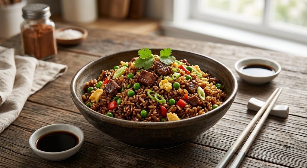 Fresh ingredients and wok prep for making Chinese beef fried rice recipe