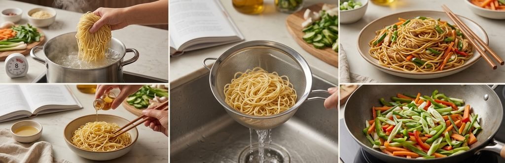 A beautiful collage of step-by-step photos illustrating how to make authentic Chinese chicken noodles, from preparing the fresh ingredients to serving a delicious, finished bowl.