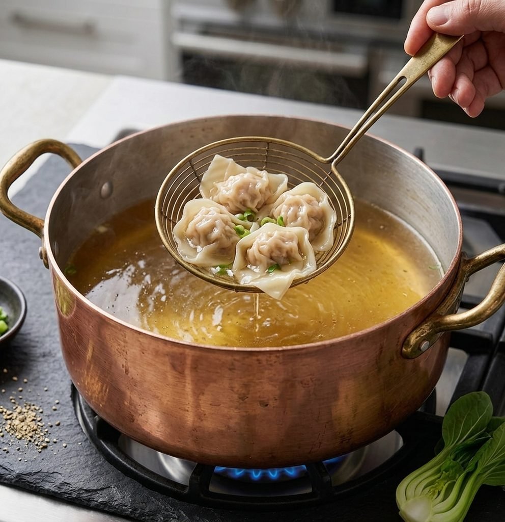 Freshly cooked dumplings in broth for authentic Wonton Soup Recipe