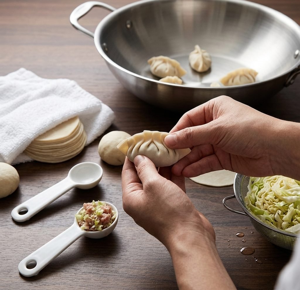 Hands folding and sealing dough properly following tips for Chinese Dumpling Recipe