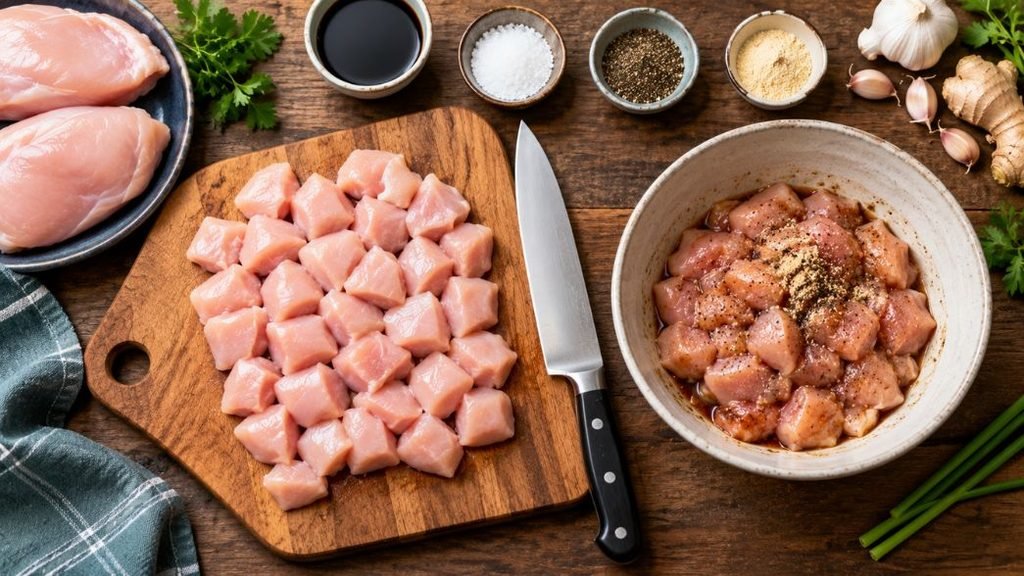 Frying chicken pieces in a wok for Chinese Honey Chicken Recipe.