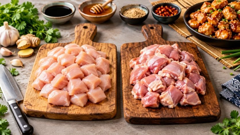 Coating chicken pieces in cornstarch for crispy Chinese Honey Chicken Recipe.