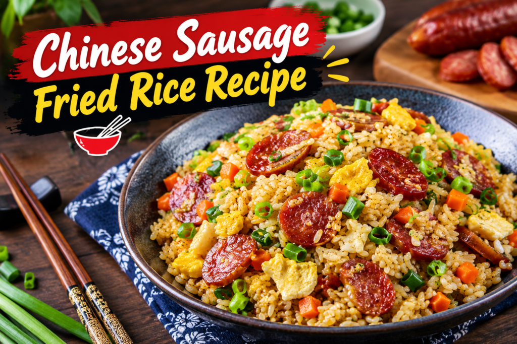 Chinese Sausage Fried Rice Recipe with Chinese sausage, scrambled eggs, carrots, and green onions