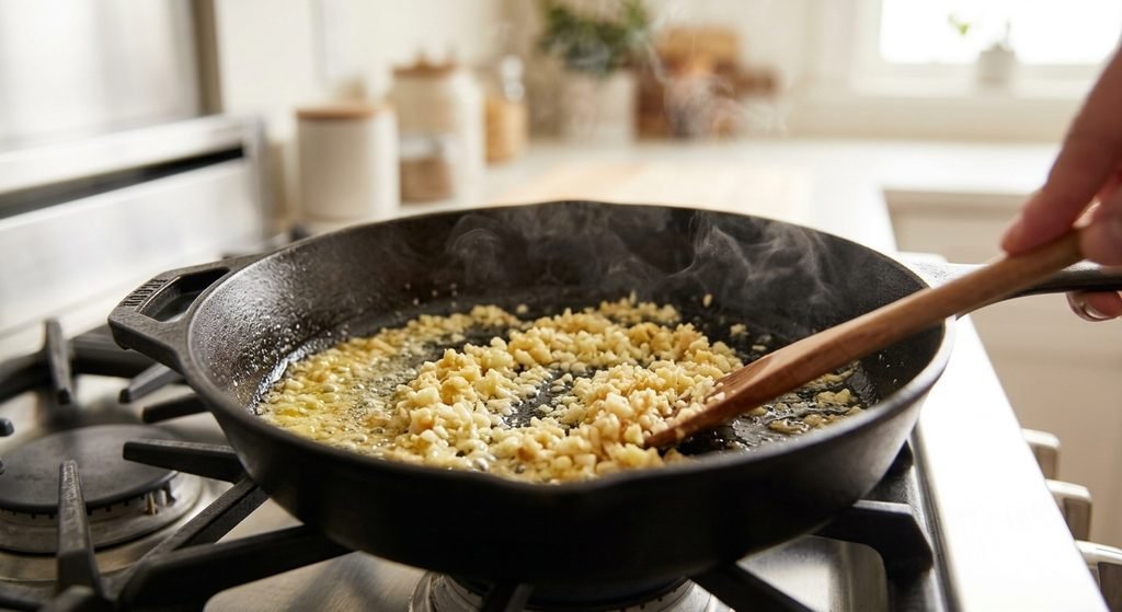 Frying minced ginger and garlic in chicken fat for Hainanese Chicken Rice Recipe.
