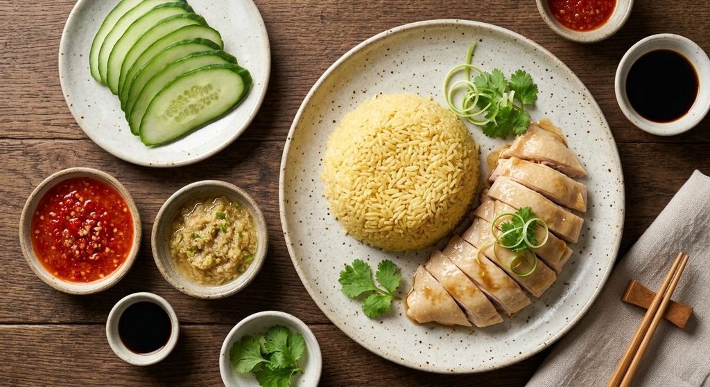 Top-view close-up of a complete Hainanese Chicken Rice Recipe meal with fresh cucumber slices and condiments.