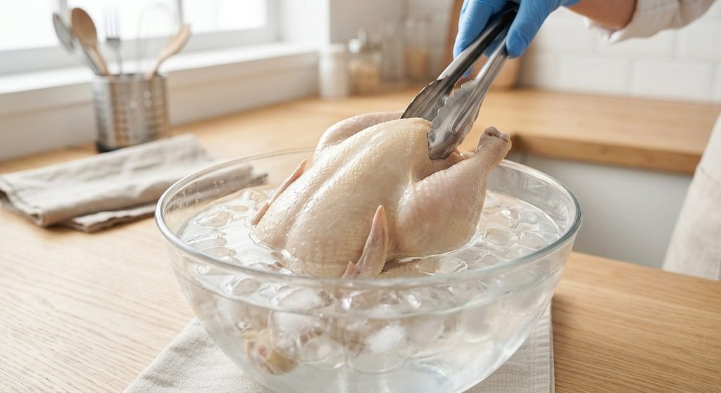 Poached whole chicken resting in an ice water bath for authentic Hainanese Chicken Rice Recipe texture.