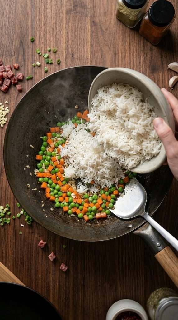 adding chilled rice to the wok for Chinese Sausage Fried Rice