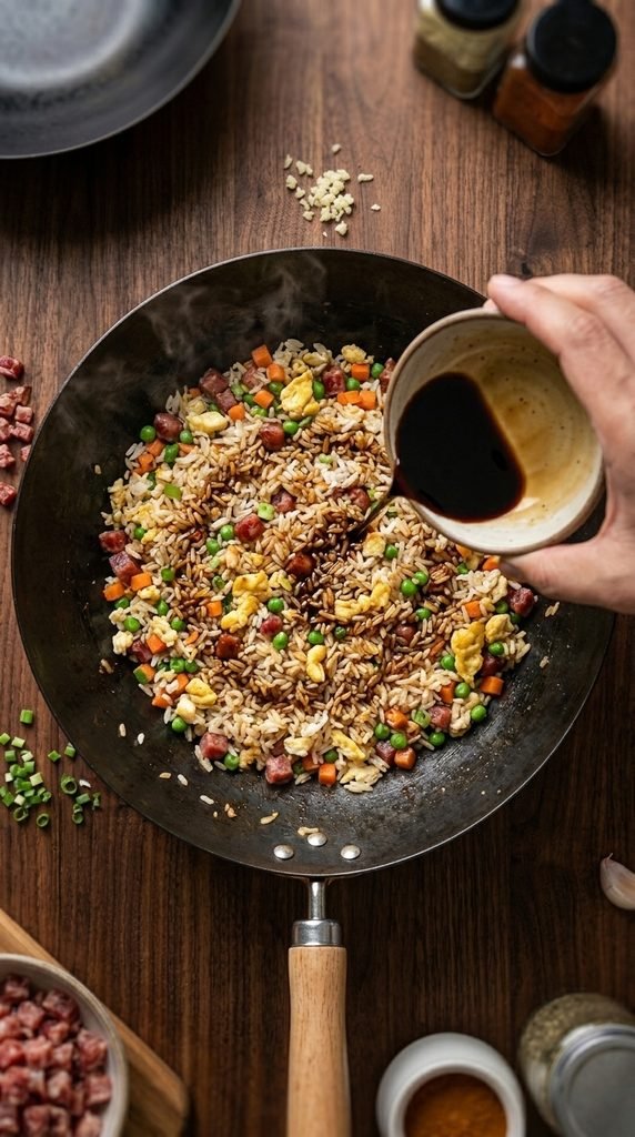 seasoning Chinese Sausage Fried Rice with soy sauce