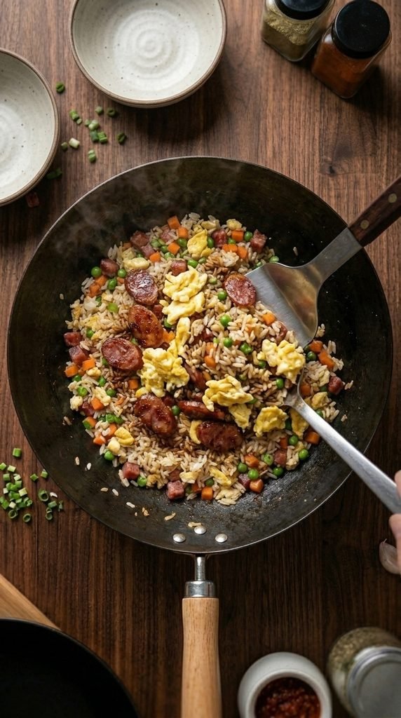 combining fried sausage and eggs into Chinese Sausage Fried Rice