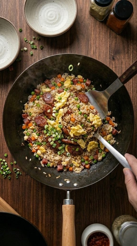 garnishing Chinese Sausage Fried Rice with chopped green onions