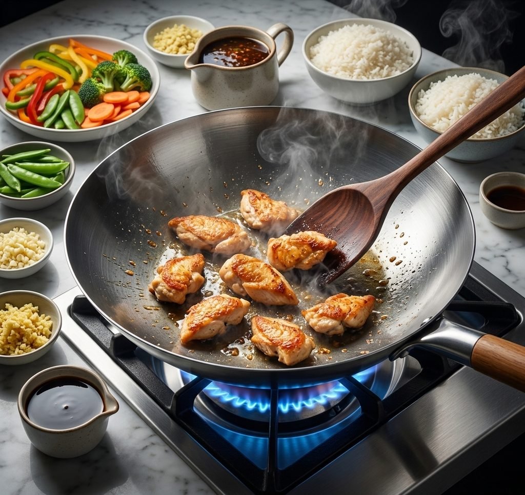 A step-by-step visual cooking guide showing the addition of sauce and final garnishes for a chicken stir fry recipe with rice.