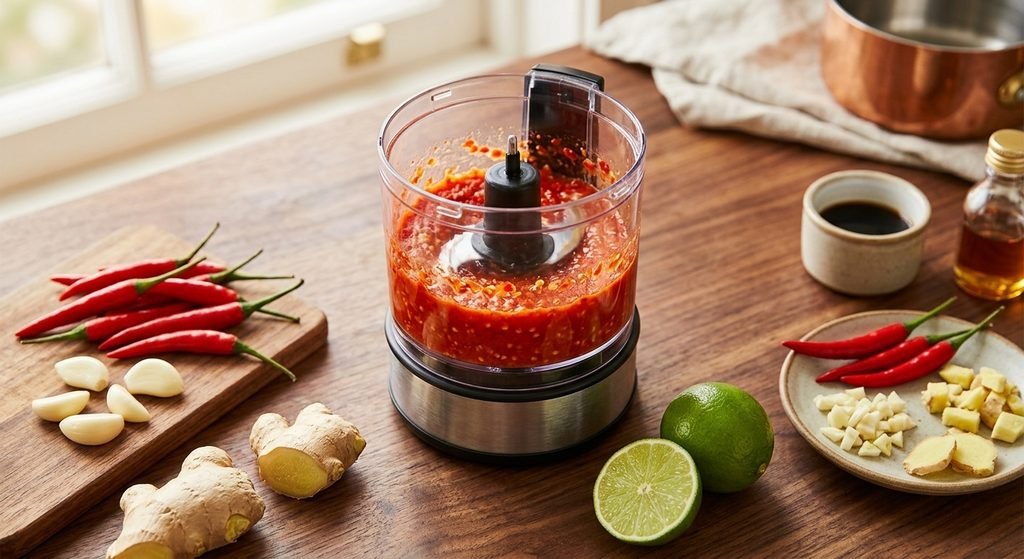 Blending fresh red chilies, garlic, and lime in a food processor for Hainanese Chicken Rice Recipe chili sauce.