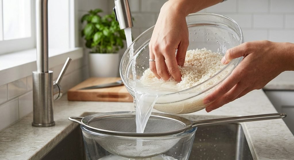 Washing jasmine rice grains thoroughly under water for fluffy Hainanese Chicken Rice Recipe.