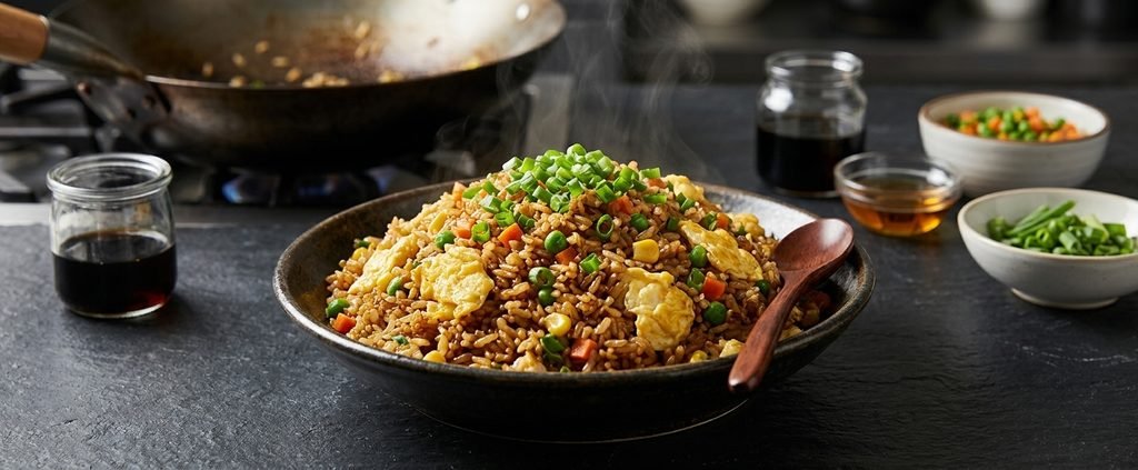 Alt Text: A delicious bowl of egg fried rice with green onions, showing one of the top easy chinese dishes recipes.
