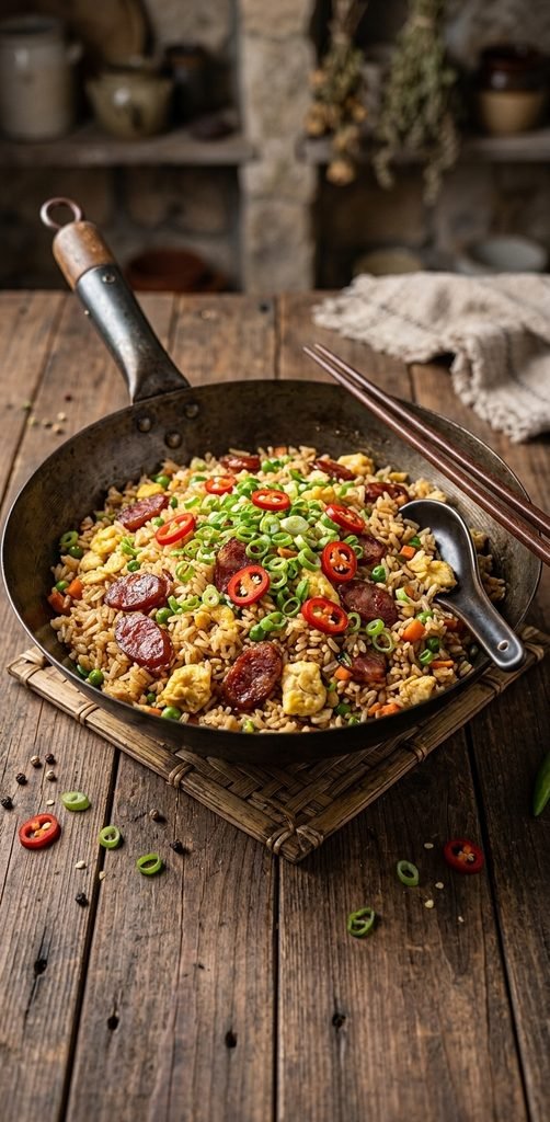 Hot cooked Chinese Sausage Fried Rice served in a wok