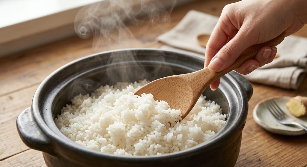 Fluffing cooked steamed jasmine rice with a wooden paddle for Hainanese Chicken Rice Recipe.