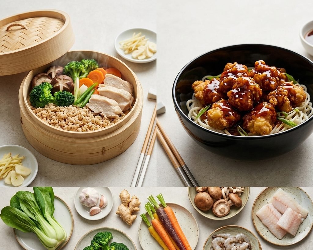 A visual breakdown showing is Chinese food healthy with balanced portions of fresh vegetables, lean protein, and steamed dishes.