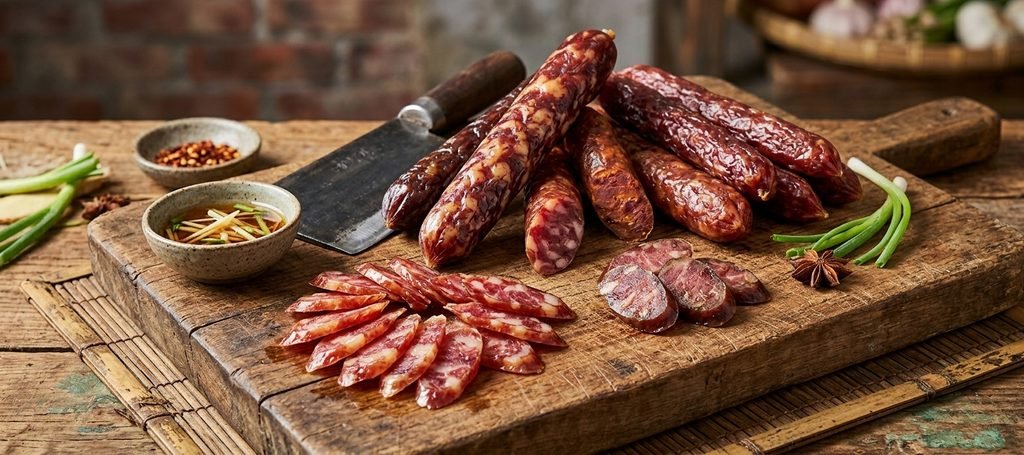 Sliced lap cheong sausages for Chinese Sausage Fried Rice
