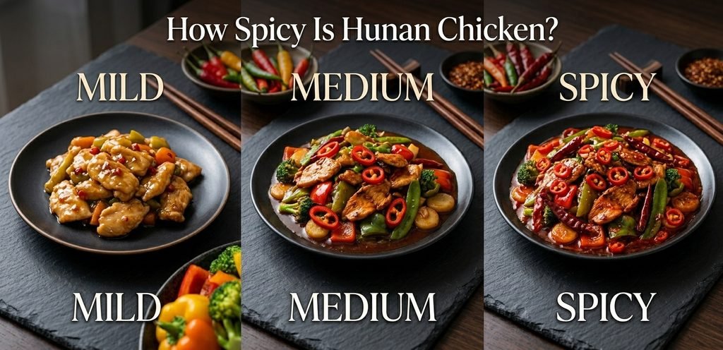 "Wok mein banti hui spicy Hunan Chicken stir-fry, jis mein fresh sabziyan aur chicken dikhaya gaya hai aur sath mein rice ya noodles serve kiye gaye hain."