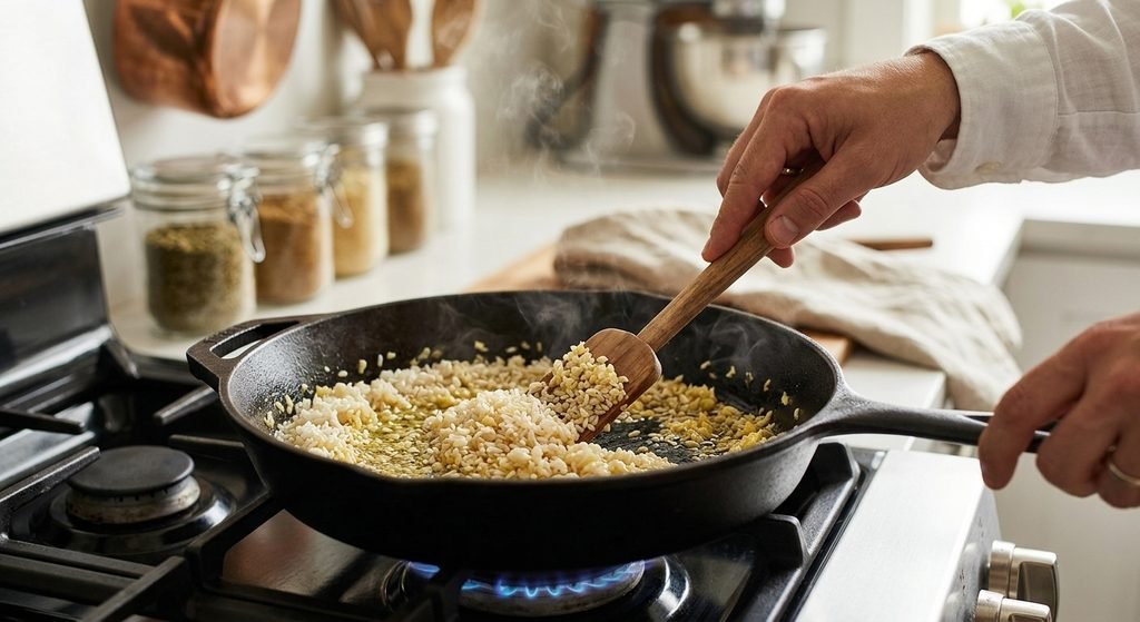 Stirring and toasting jasmine rice in garlic ginger oil for Hainanese Chicken Rice Recipe.