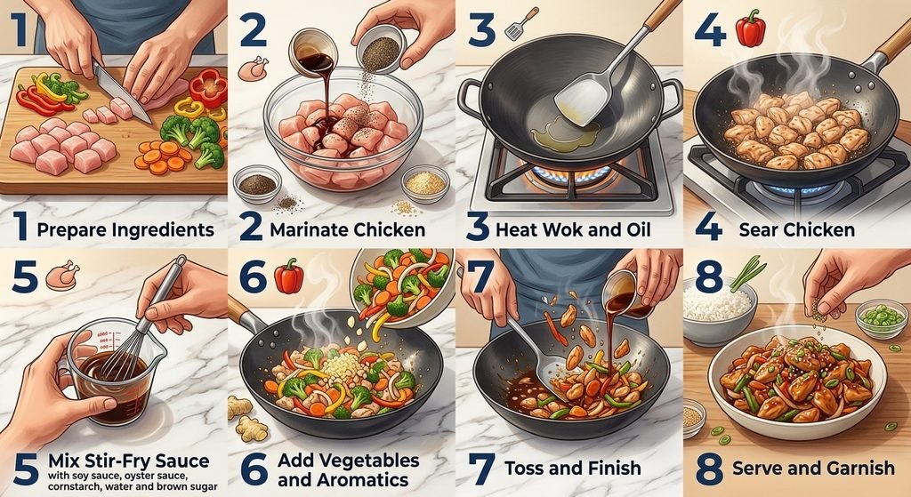 An overhead view of meticulously prepped ingredients arranged for a detailed chicken stir fry recipe with rice guide.
