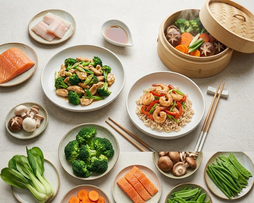 A visual breakdown showing is Chinese food healthy with balanced portions of fresh vegetables, lean protein, and steamed dishes.