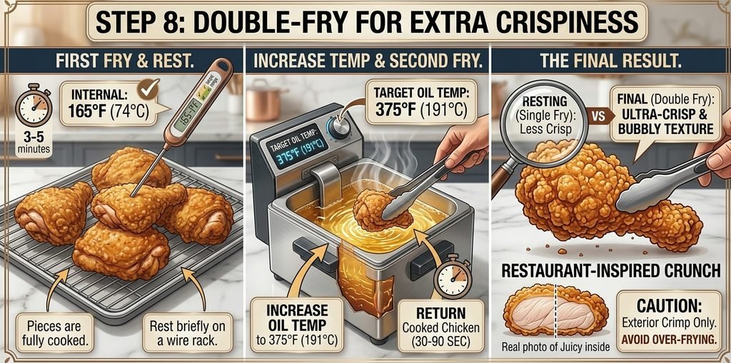 Infographic showing common frying mistakes to avoid for a perfect Chinese Fried Chicken Recipe.