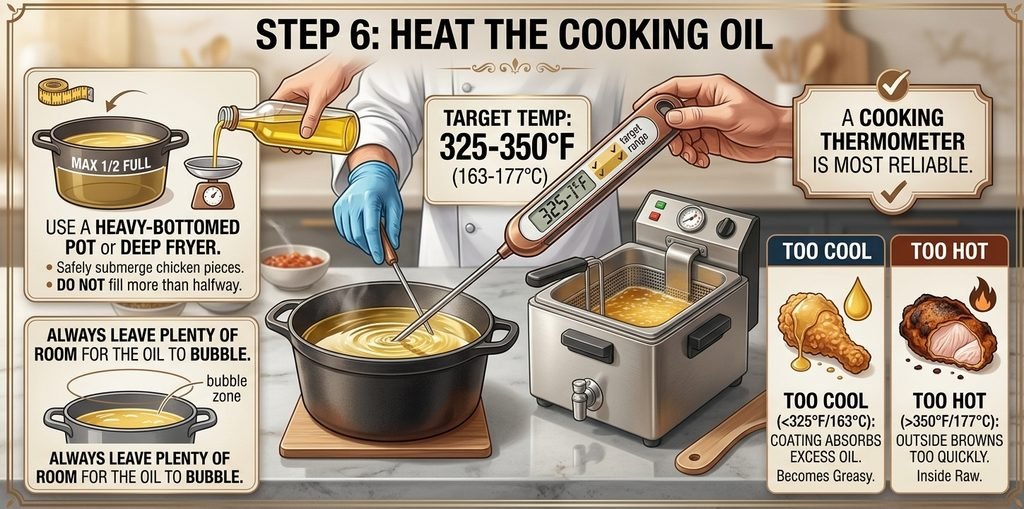 Infographic showing common frying mistakes to avoid for a perfect Chinese Fried Chicken Recipe.