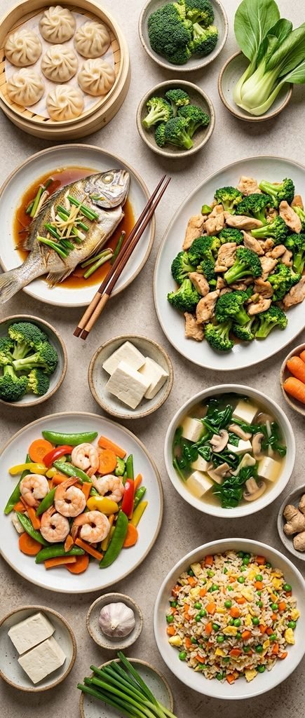 A visual breakdown showing is Chinese food healthy with balanced portions of fresh vegetables, lean protein, and steamed dishes.