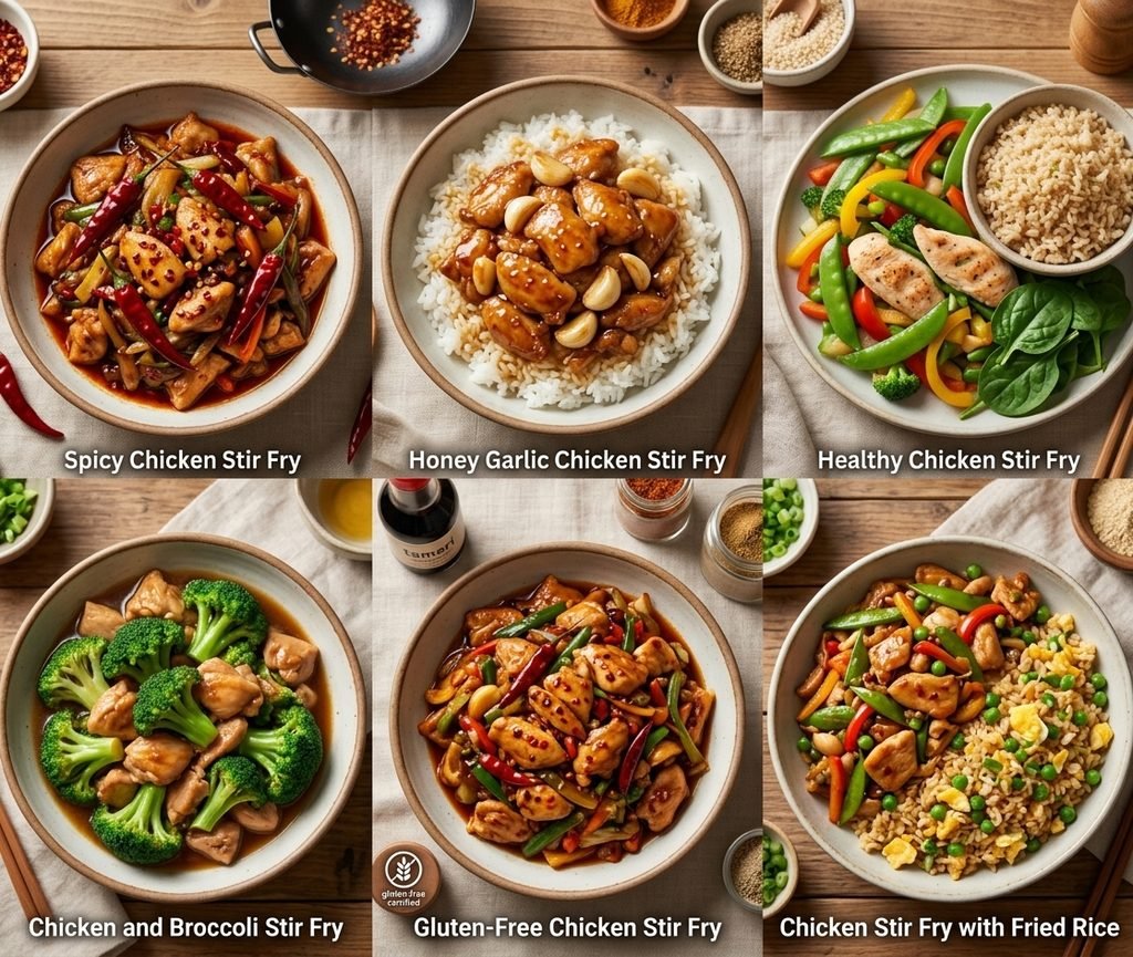 A 4x2 grid of sequential illustrated steps for preparing and cooking a chicken stir fry recipe with rice.