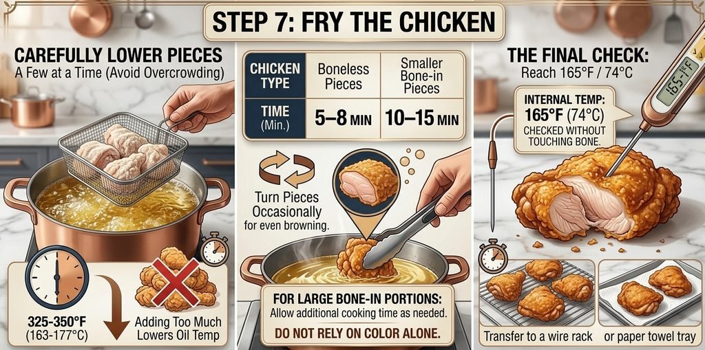 Infographic showing common frying mistakes to avoid for a perfect Chinese Fried Chicken Recipe.
