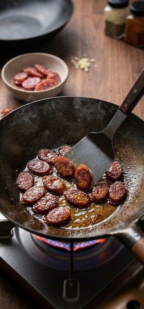 frying sliced lap cheong for Chinese Sausage Fried Rice
