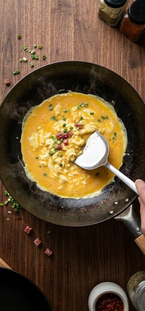 scrambling eggs in a wok for Chinese Sausage Fried Rice