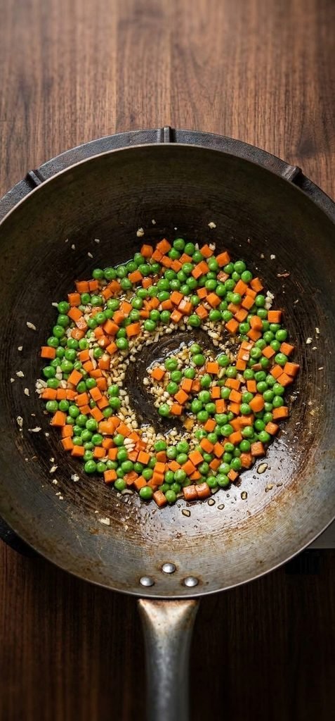 cooking garlic and vegetables for Chinese Sausage Fried Rice