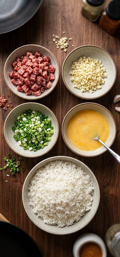 prepped ingredients for Chinese Sausage Fried Rice