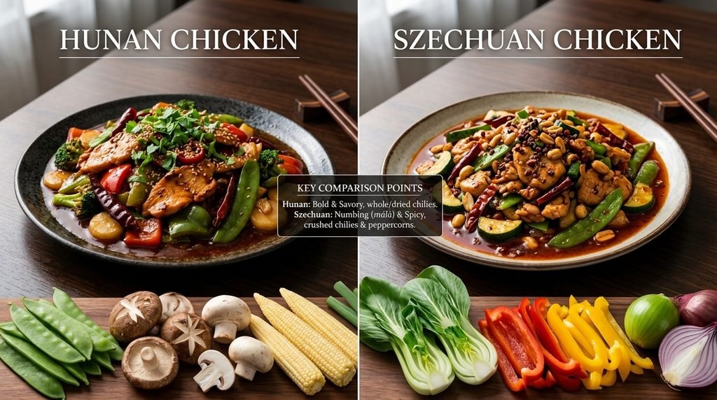 "Wok mein banti hui spicy Hunan Chicken stir-fry, jis mein fresh sabziyan aur chicken dikhaya gaya hai aur sath mein rice ya noodles serve kiye gaye hain."