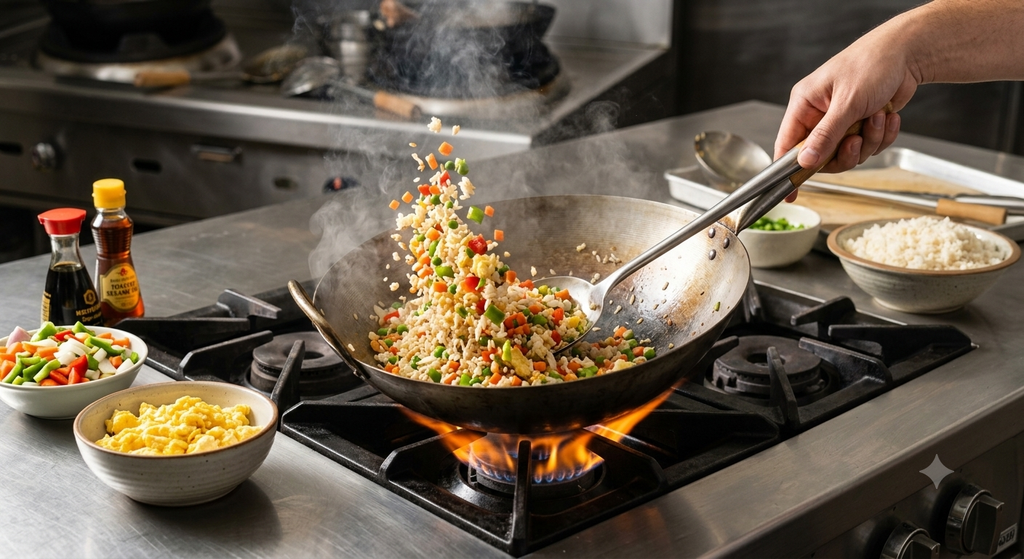 Delicious homemade Chinese meals including stir-fries, fried rice, noodles, and dumplings, representing easy chinese dishes recipes