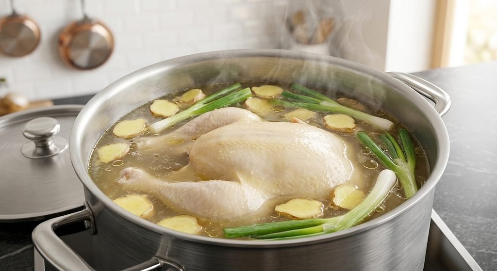 Whole chicken gently poaching in aromatics broth for a tender Hainanese Chicken Rice Recipe.