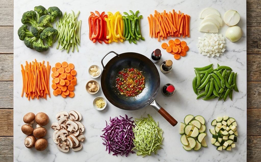 A visual breakdown of raw ingredients and kitchen tools needed for a classic chicken stir fry recipe with rice.