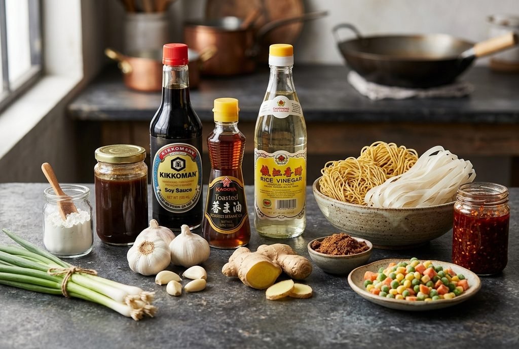 A carefully curated, professional top-down photograph of essential Chinese pantry ingredients on a rustic kitchen counter. Glass bottles of soy sauce, sesame oil, and rice vinegar are arranged alongside fresh components like whole garlic heads, fresh ginger root, and green onions. Dried noodles rest in a textured bowl, and a pinch bowl holds chili flakes. The scene is illuminated by soft, natural light, emphasizing textures and fresh quality, with a blurred wok in the background.