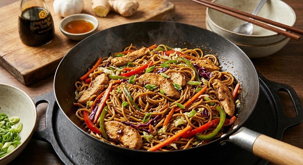 A close-up, top-down photograph of a steaming wok on a rustic wooden table, where a chef is stir-frying a vibrant mix of chicken slices, colorful vegetables like bell peppers and carrots, and fresh-cut Chinese-style noodles, all coated in a dark, savory sauce.