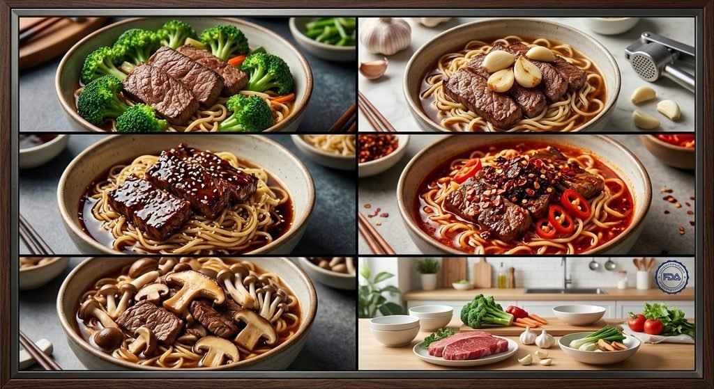 ramen noodles with beef served with vegetables in a savory sauce