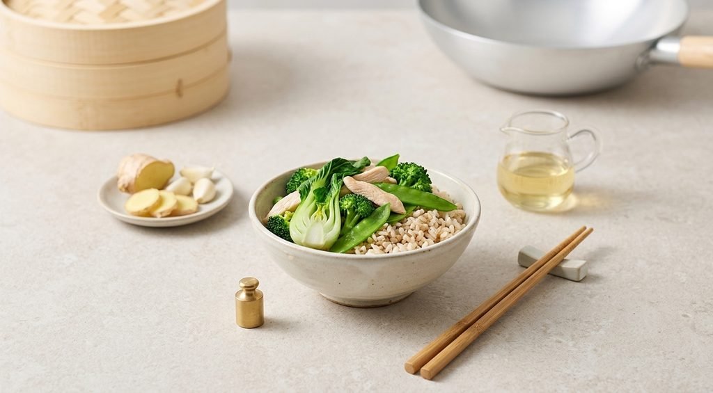 A visual breakdown showing is Chinese food healthy with balanced portions of fresh vegetables, lean protein, and steamed dishes.