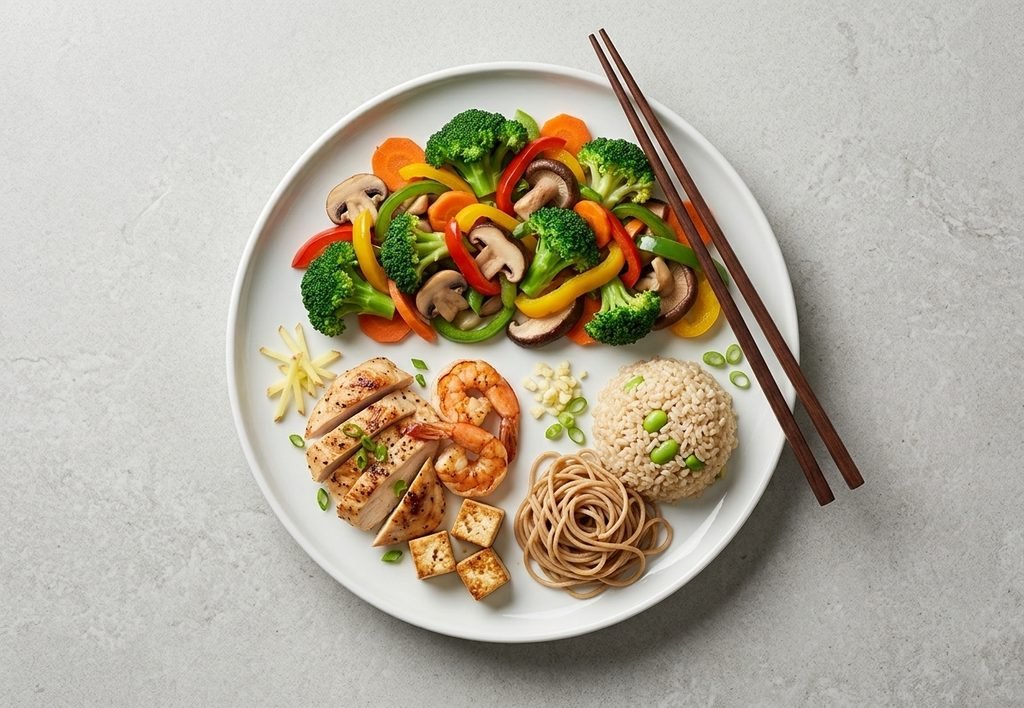 A visual breakdown showing is Chinese food healthy with balanced portions of fresh vegetables, lean protein, and steamed dishes.