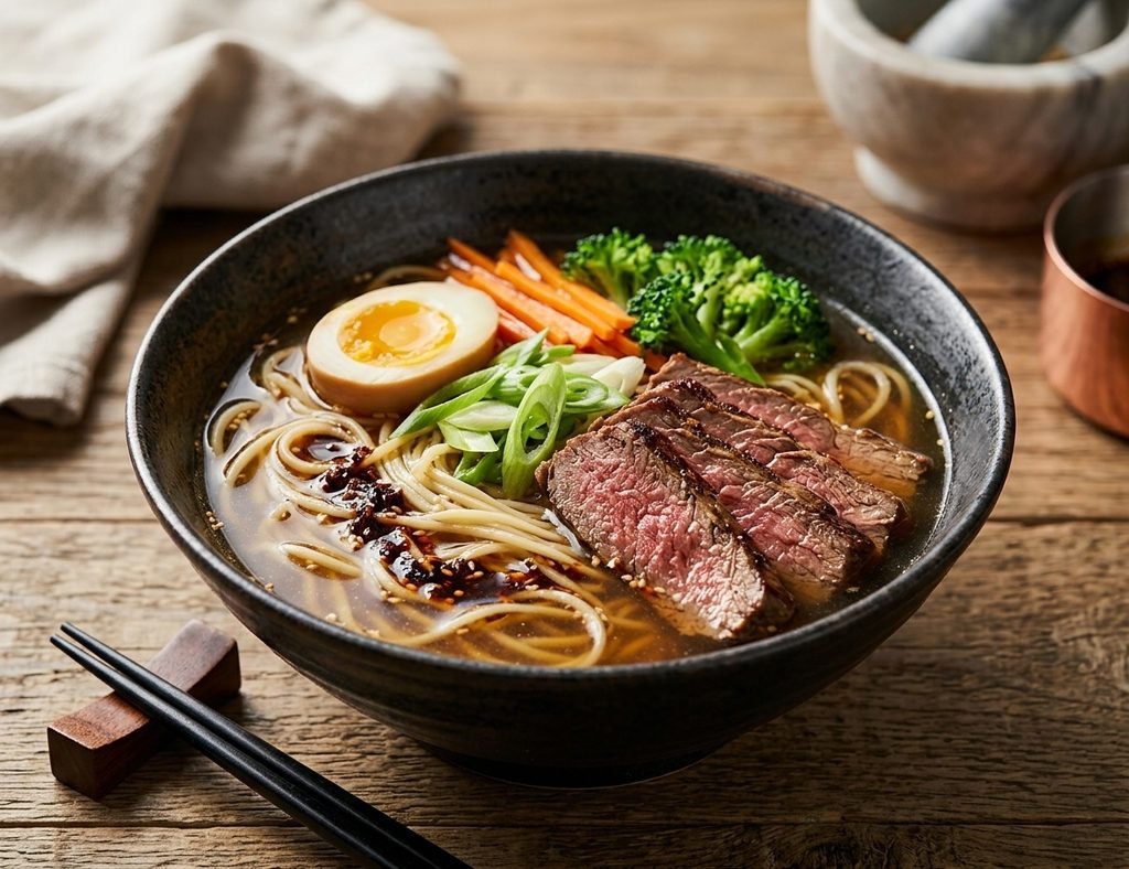 ramen noodles with beef served with vegetables in a savory sauce