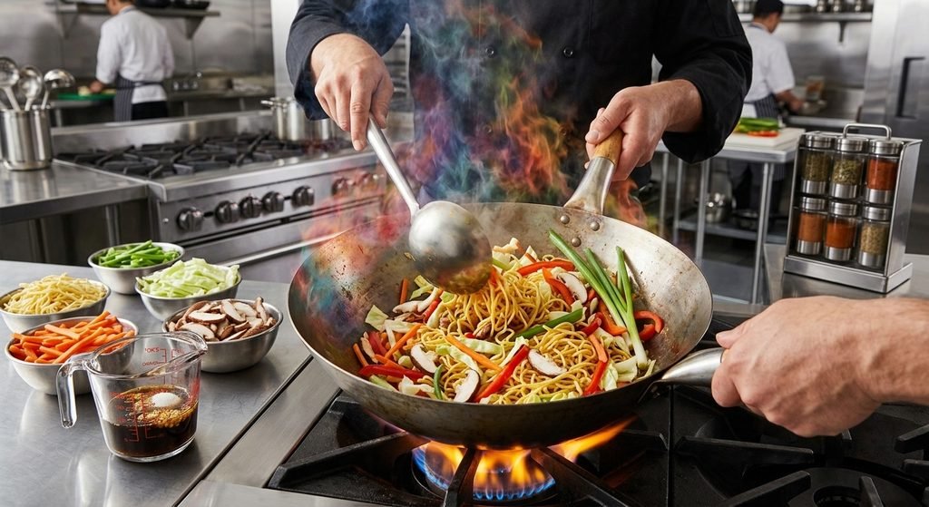 Alt Text: Vegetable noodles stir-fry tossed in a wok, a popular choice for easy chinese dishes recipes.