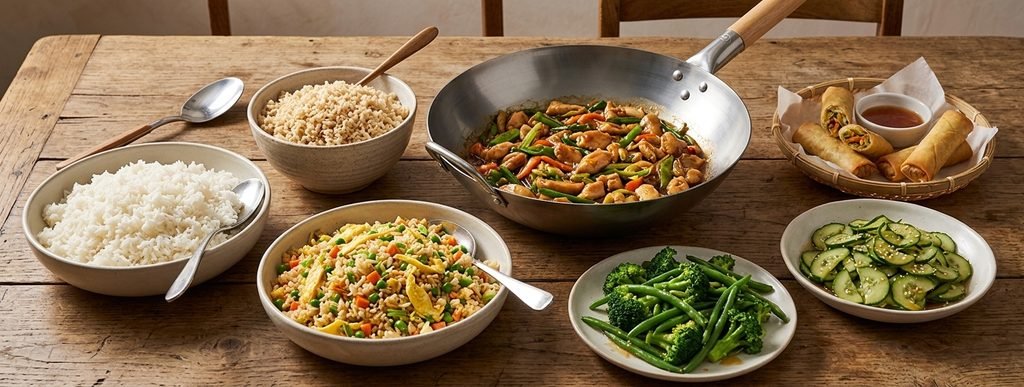 A multi-panel comparison showing six different variations of a chicken stir fry recipe with rice.