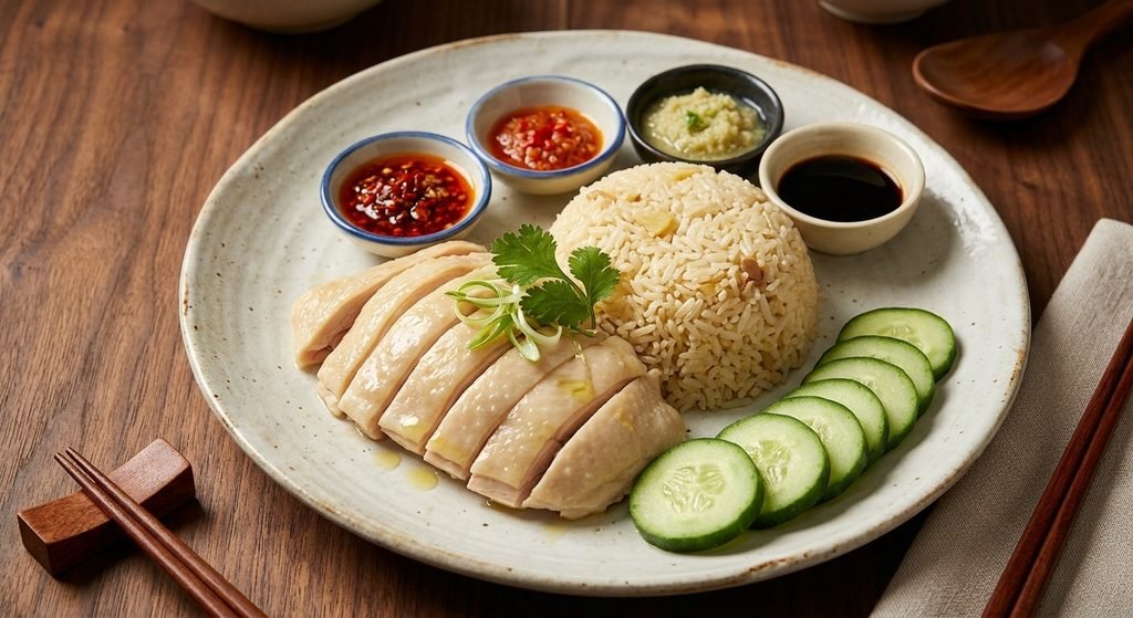 Authentic Hainanese Chicken Rice Recipe platter with poached chicken, rice, cucumber, and chili ginger dipping sauces.