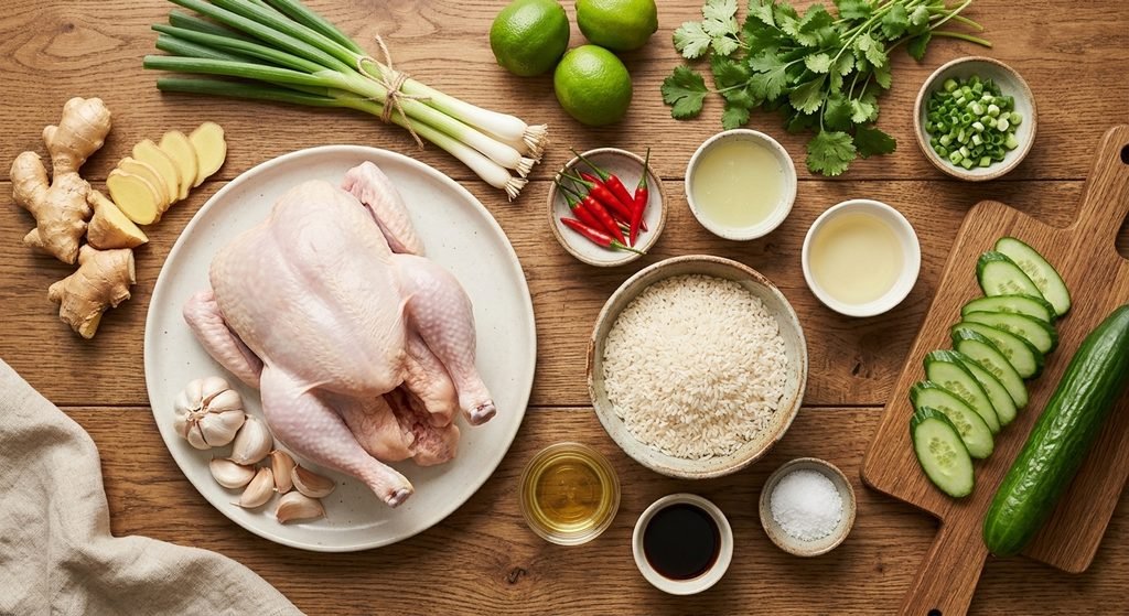 Fresh raw whole chicken, jasmine rice, ginger, garlic, and scallions for Hainanese Chicken Rice Recipe.